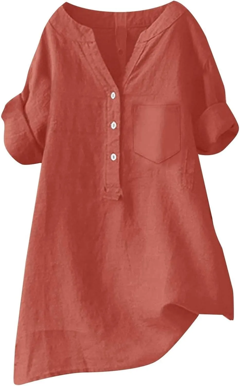 Women's Short Sleeve Cotton Linen Shirt Casual Crew Neck Beach T-Shirt Button Up Loose Fit Summer Tshirts