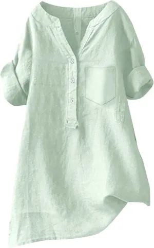 Women's Short Sleeve Cotton Linen Shirt Casual Crew Neck Beach T-Shirt Button Up Loose Fit Summer Tshirts