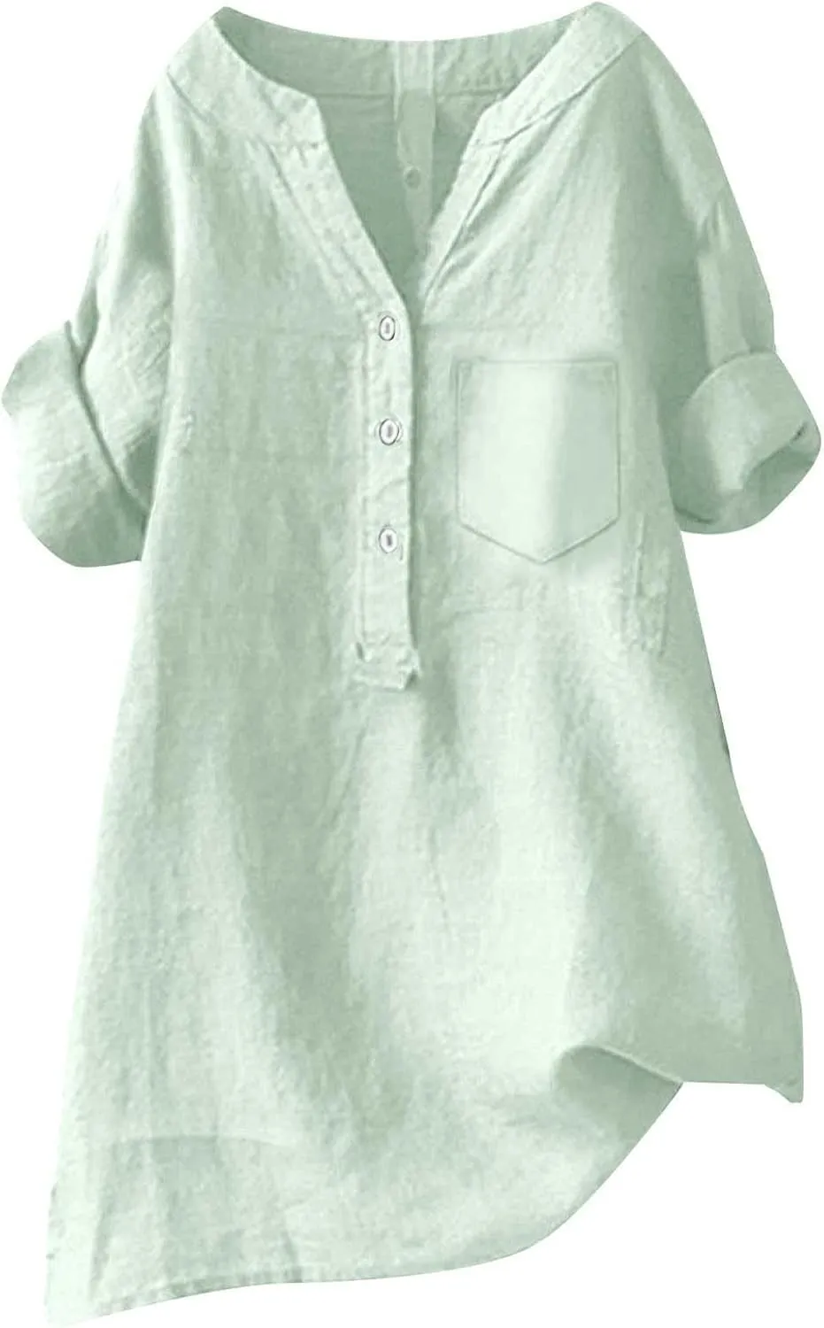 Women's Short Sleeve Cotton Linen Shirt Casual Crew Neck Beach T-Shirt Button Up Loose Fit Summer Tshirts