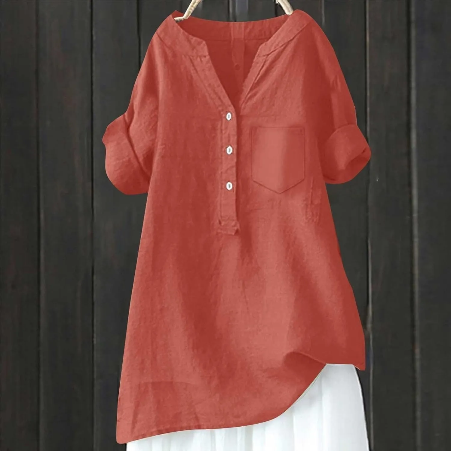 Women's Short Sleeve Cotton Linen Shirt Casual Crew Neck Beach T-Shirt Button Up Loose Fit Summer Tshirts