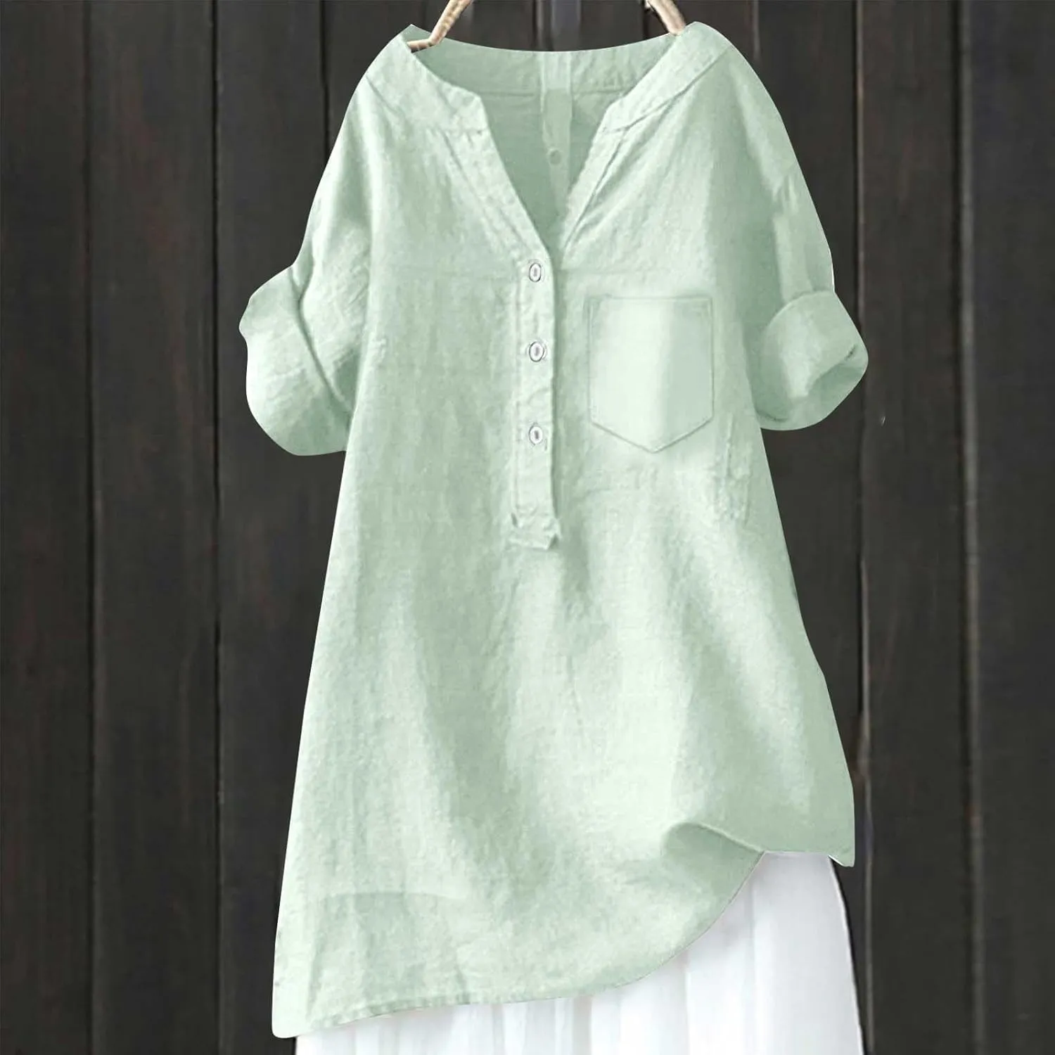 Women's Short Sleeve Cotton Linen Shirt Casual Crew Neck Beach T-Shirt Button Up Loose Fit Summer Tshirts