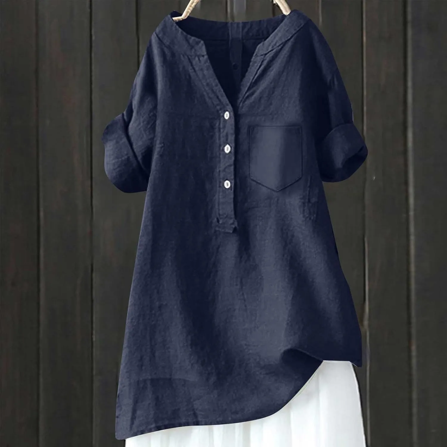 Women's Short Sleeve Cotton Linen Shirt Casual Crew Neck Beach T-Shirt Button Up Loose Fit Summer Tshirts