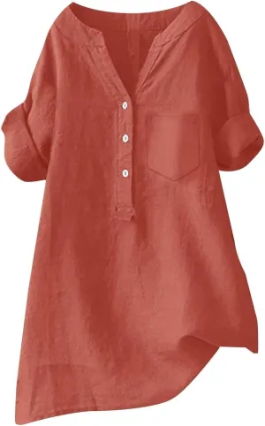 Women's Short Sleeve Cotton Linen Shirt Casual Crew Neck Beach T-Shirt Button Up Loose Fit Summer Tshirts