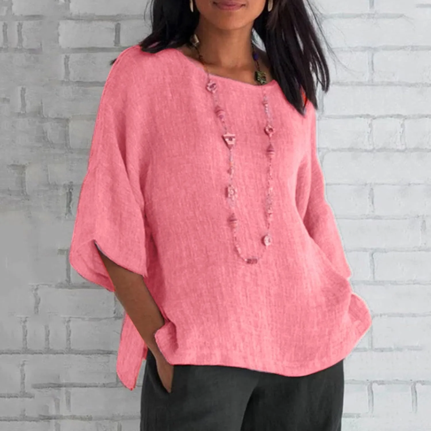 Women's Short Sleeve Linen Shirt Casual Crewneck Dress T Shirt Bohemian Embroidery Loose Summer Tee Shirt