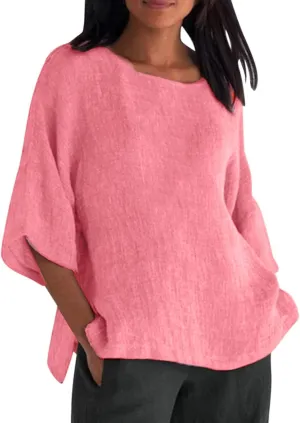 Women's Short Sleeve Linen Shirt Casual Crewneck Dress T Shirt Bohemian Embroidery Loose Summer Tee Shirt