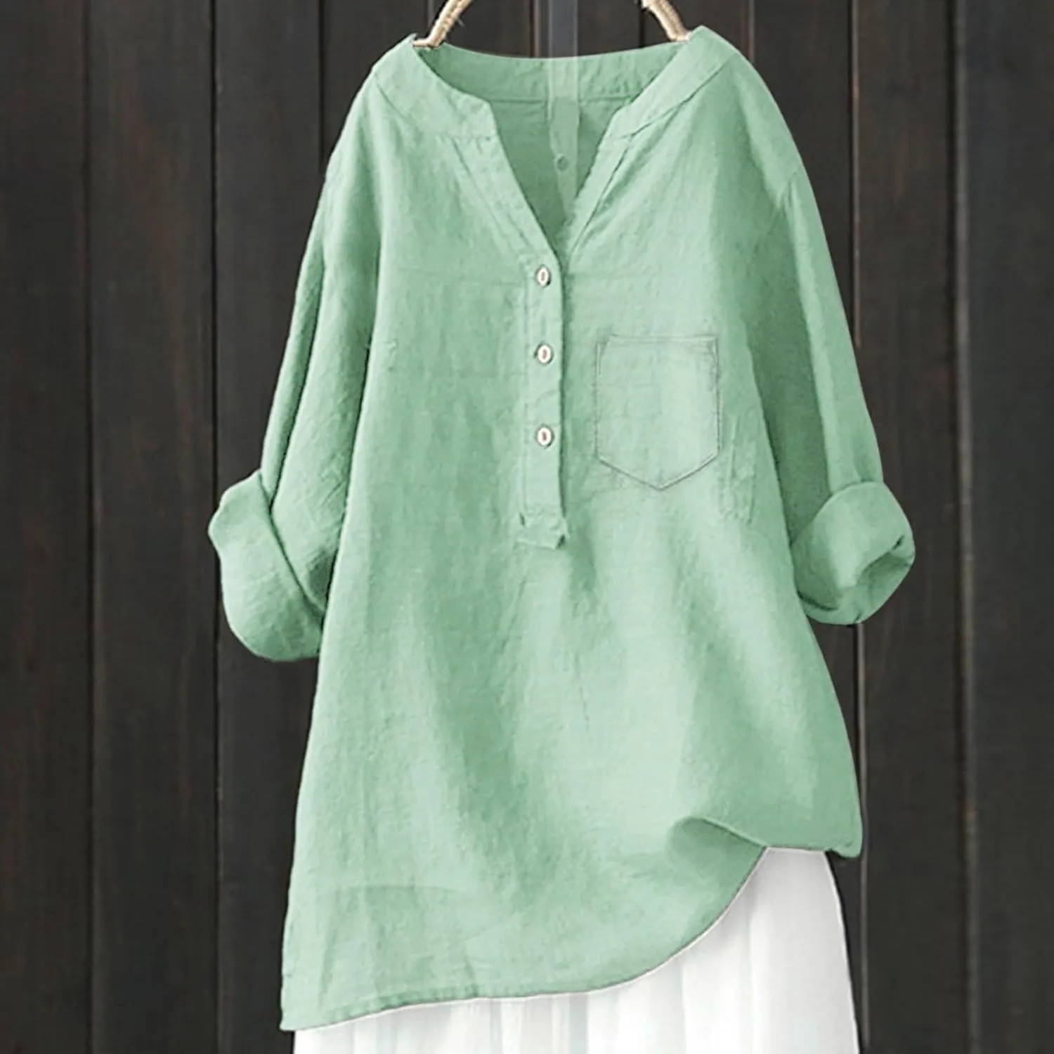 Women's Short Sleeve Linen Shirts Casual V Neck Henley T-Shirts Embroidery Floral Loose Fit Summer Tee Shirts