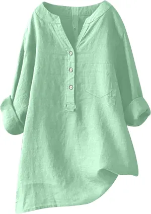 Women's Short Sleeve Linen Shirts Casual V Neck Henley T-Shirts Embroidery Floral Loose Fit Summer Tee Shirts
