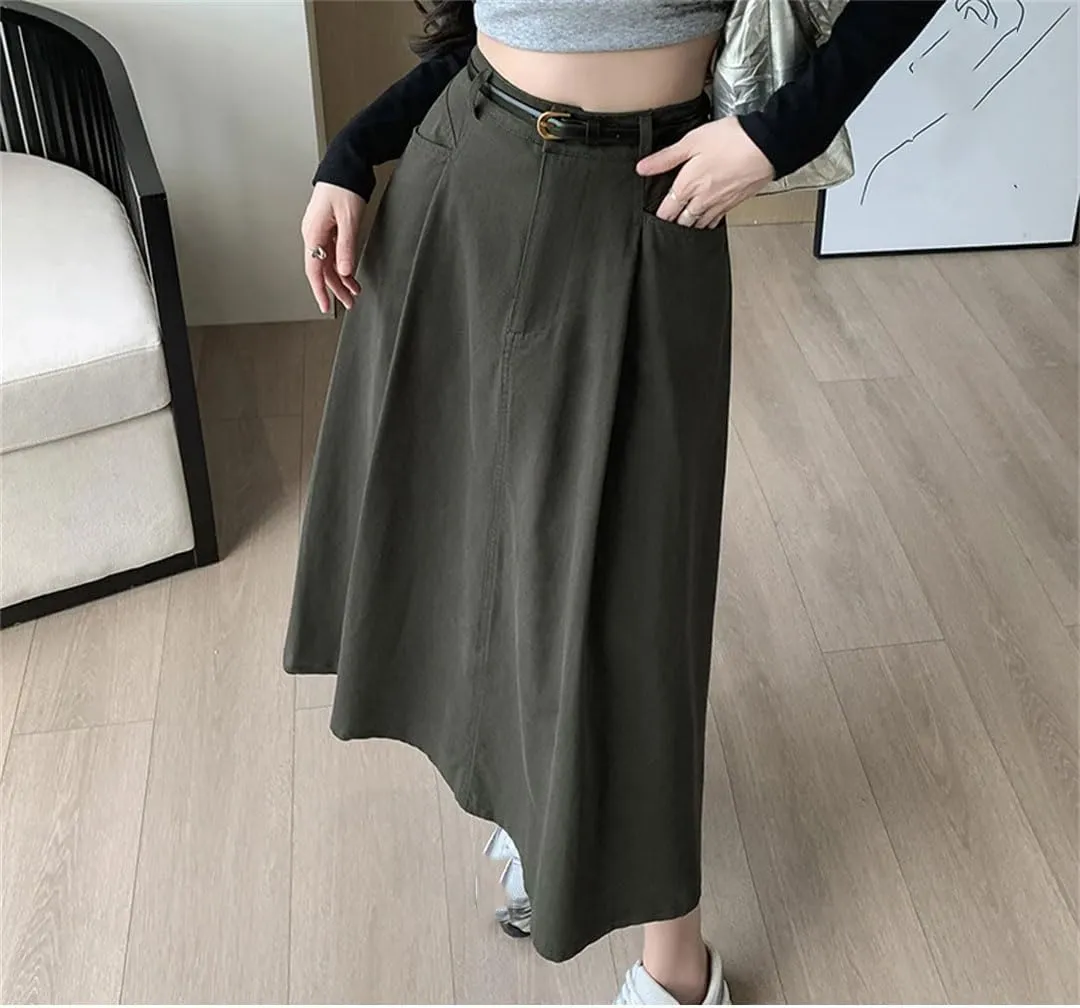 Women's Solid Color A-Line Skirts Elastic High Waist Casual Mid Length Workwear Lady Skirts