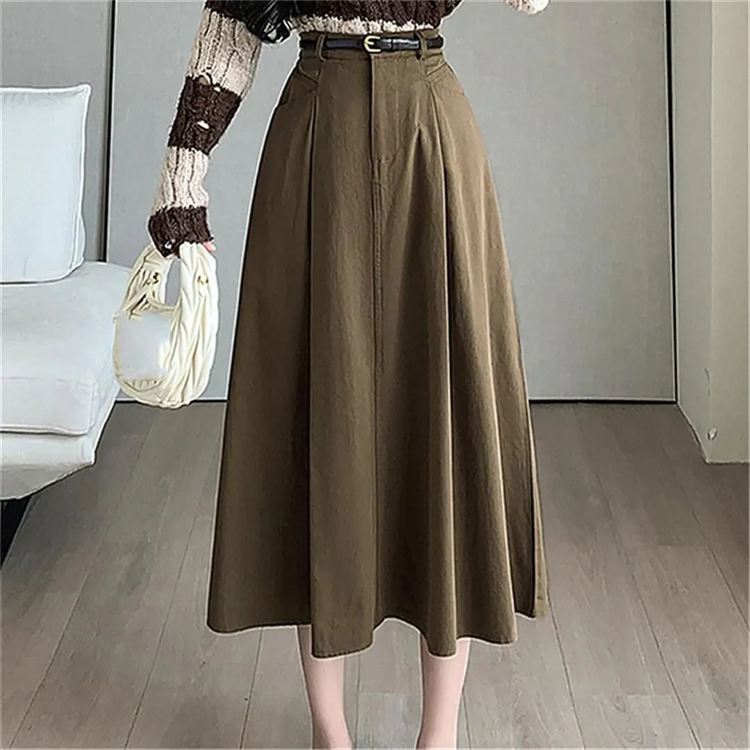 Women's Solid Color A-Line Skirts Elastic High Waist Casual Mid Length Workwear Lady Skirts
