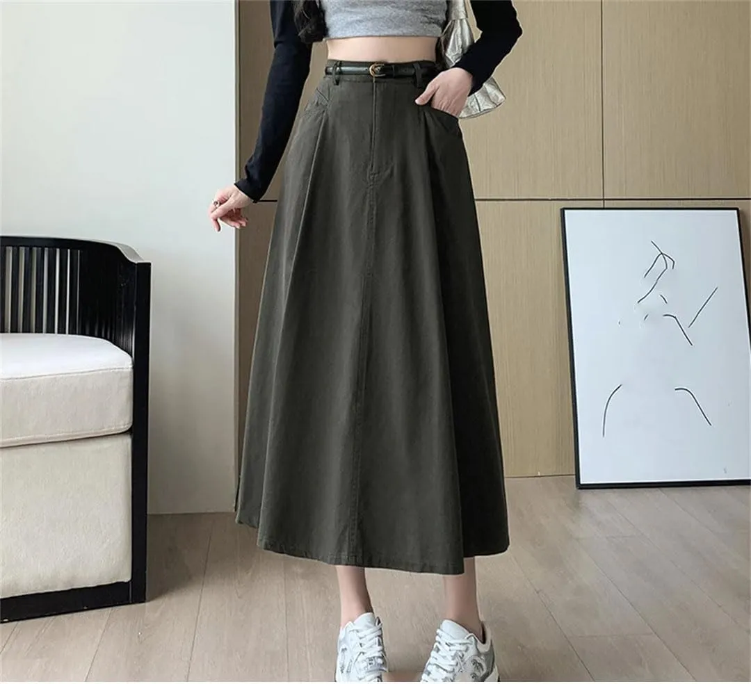 Women's Solid Color A-Line Skirts Elastic High Waist Casual Mid Length Workwear Lady Skirts