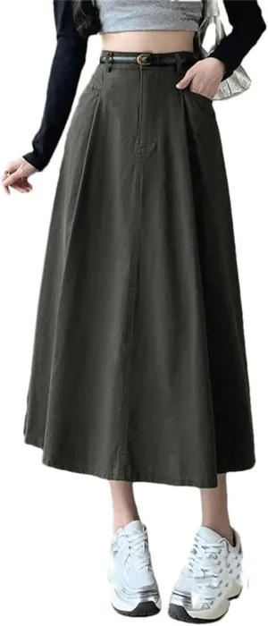 Women's Solid Color A-Line Skirts Elastic High Waist Casual Mid Length Workwear Lady Skirts