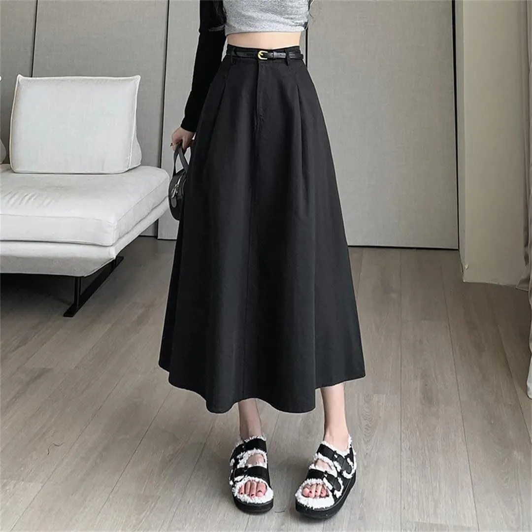 Women's Solid Color A-Line Skirts Elastic High Waist Casual Mid Length Workwear Lady Skirts