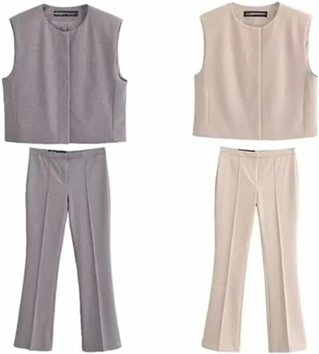 Women's Spring Suit Sleeveless Casual Women Vintage Solid 2-Piece Set