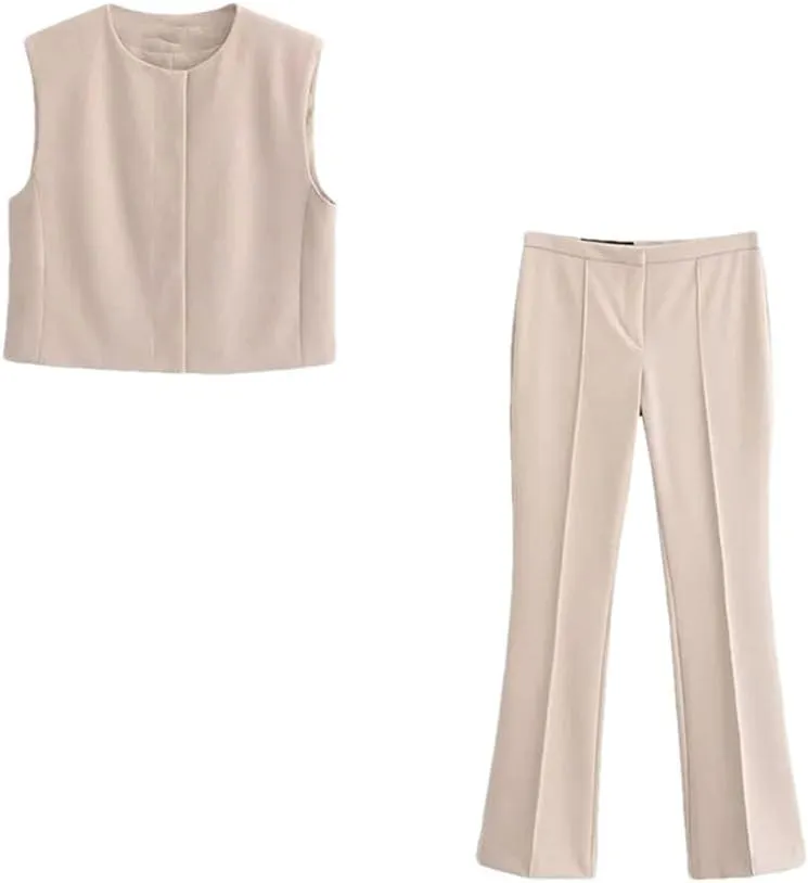 Women's Spring Suit Sleeveless Casual Women Vintage Solid 2-Piece Set