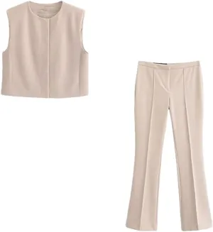 Women's Spring Suit Sleeveless Casual Women Vintage Solid 2-Piece Set