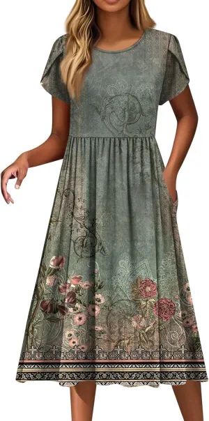 Womens Summer Fashion Dresses Round Neck Flutter Short Sleeve Midi Dress Boho Floral Printed Party Dresses