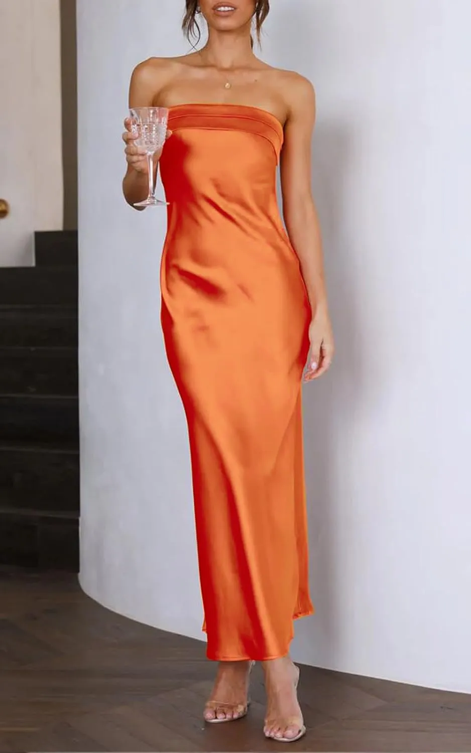 Women's Summer Satin Silk Maxi Bodycon Dresses Strapless Tube Backless Hollow Out Elegant Long Party Club Dress