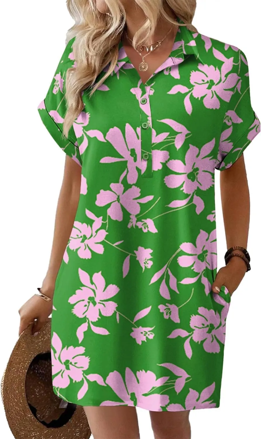 Womens Summer Shirt Dress Short Sleeve Floral Shift Dress Casual Loose Flowy Beach Sundress with Pockets