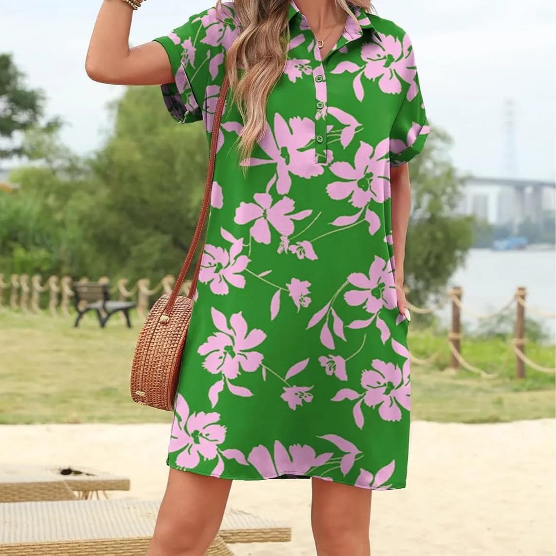 Womens Summer Shirt Dress Short Sleeve Floral Shift Dress Casual Loose Flowy Beach Sundress with Pockets