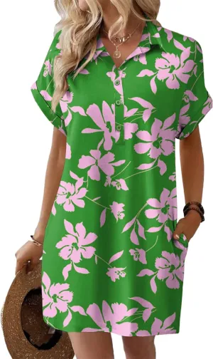 Womens Summer Shirt Dress Short Sleeve Floral Shift Dress Casual Loose Flowy Beach Sundress with Pockets