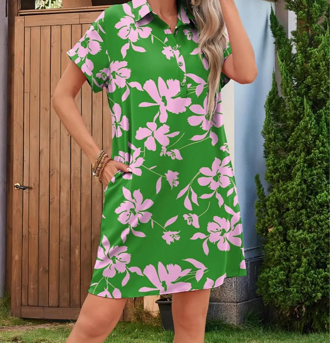 Womens Summer Shirt Dress Short Sleeve Floral Shift Dress Casual Loose Flowy Beach Sundress with Pockets