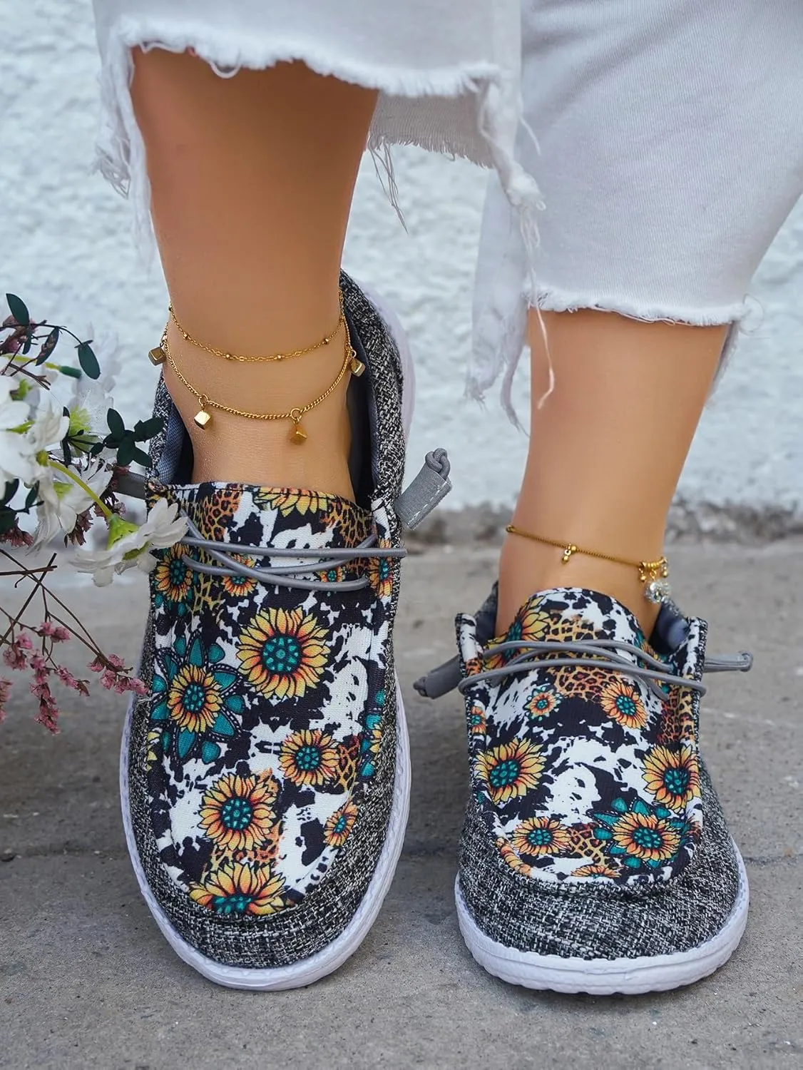 Women's Sunflower Lace-Up Loafers with Orthopedic Support Comfortable Ultralight Canvas Boat Shoes