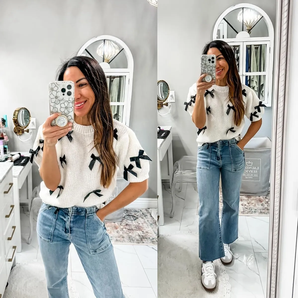 Women's Sweaters Knitted O-Neck Puff Short Sleeve Pullover Tops Casual Bow Knitwear T Shirts Blouses