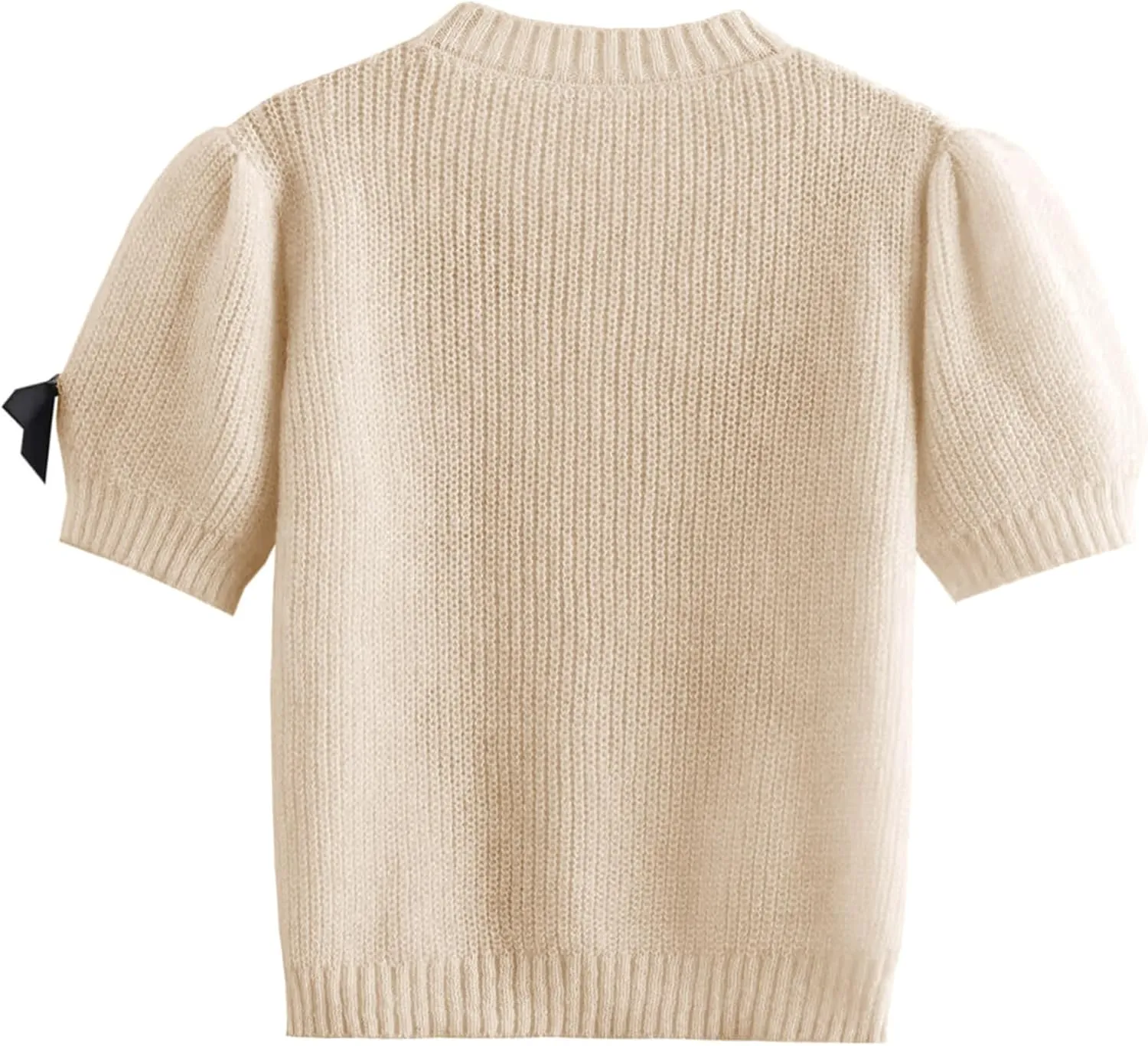 Women's Sweaters Knitted O-Neck Puff Short Sleeve Pullover Tops Casual Bow Knitwear T Shirts Blouses