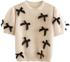 Women's Sweaters Knitted O-Neck Puff Short Sleeve Pullover Tops Casual Bow Knitwear T Shirts Blouses