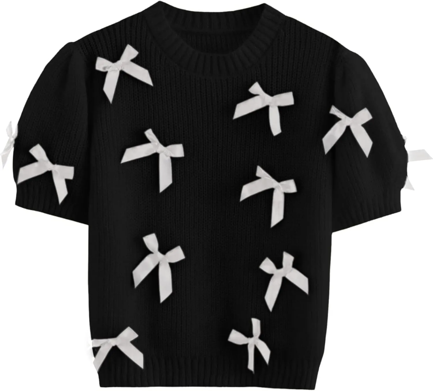 Women's Sweaters Knitted O-Neck Puff Short Sleeve Pullover Tops Casual Bow Knitwear T Shirts Blouses