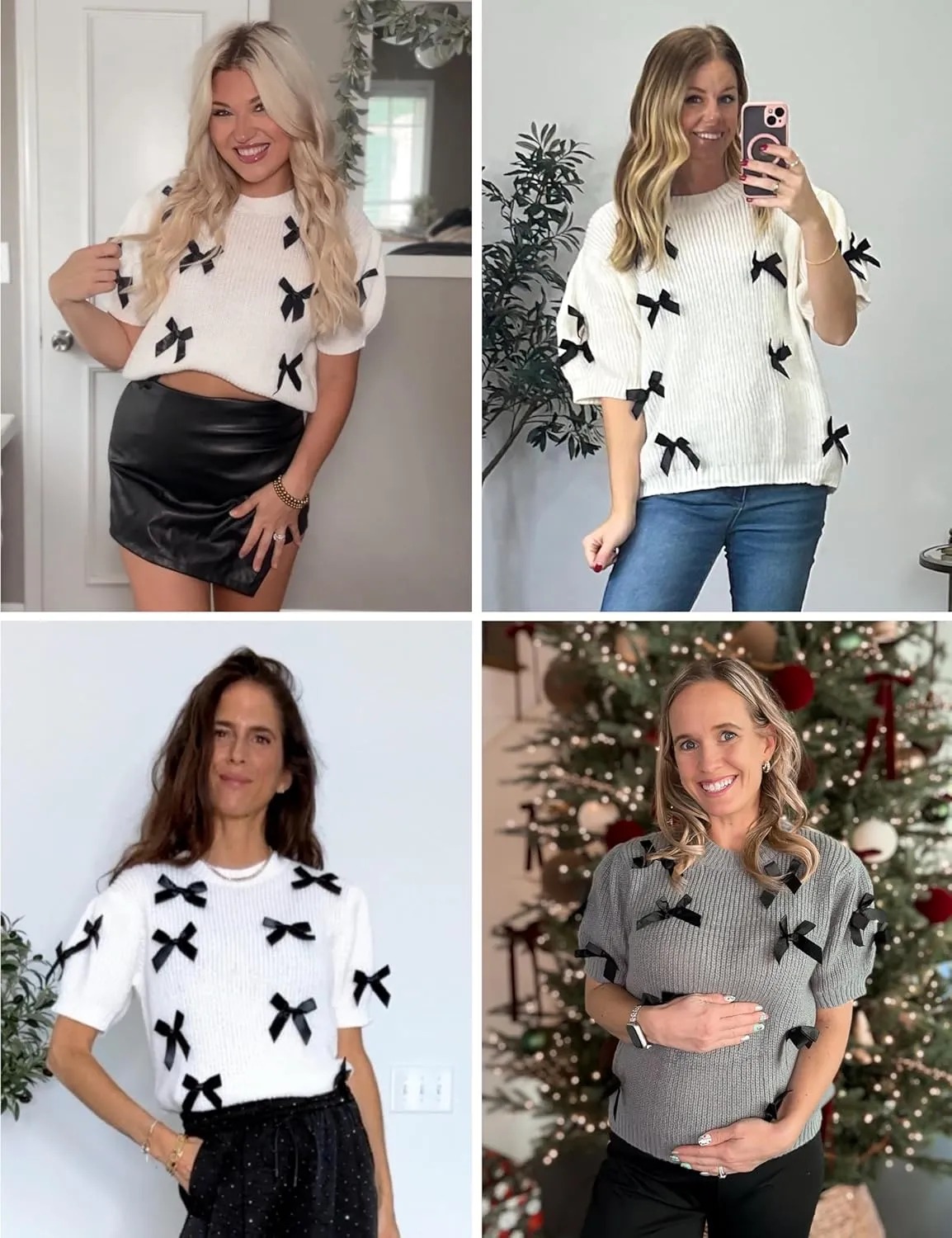 Women's Sweaters Knitted O-Neck Puff Short Sleeve Pullover Tops Casual Bow Knitwear T Shirts Blouses