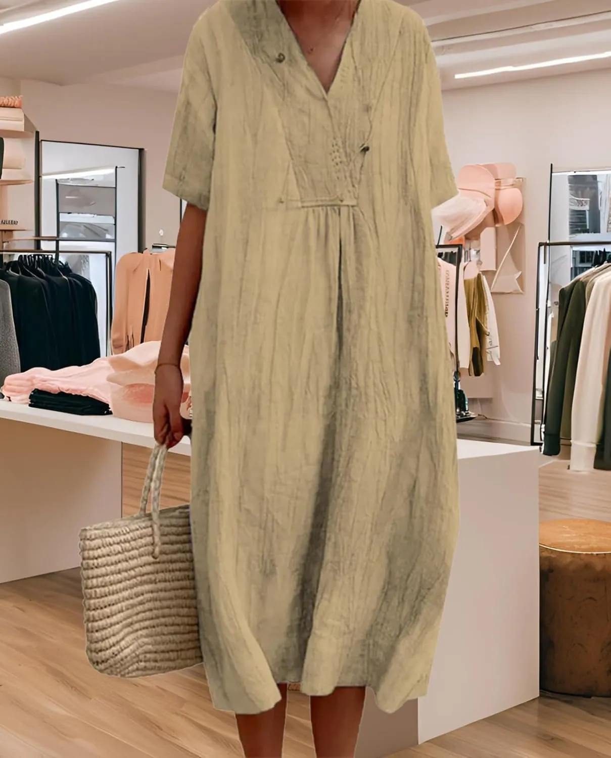 Women's Travel Essential Dress Casual Summer V-Neck Short-Sleeved Loose Medium-Length Cotton Linen Breathable