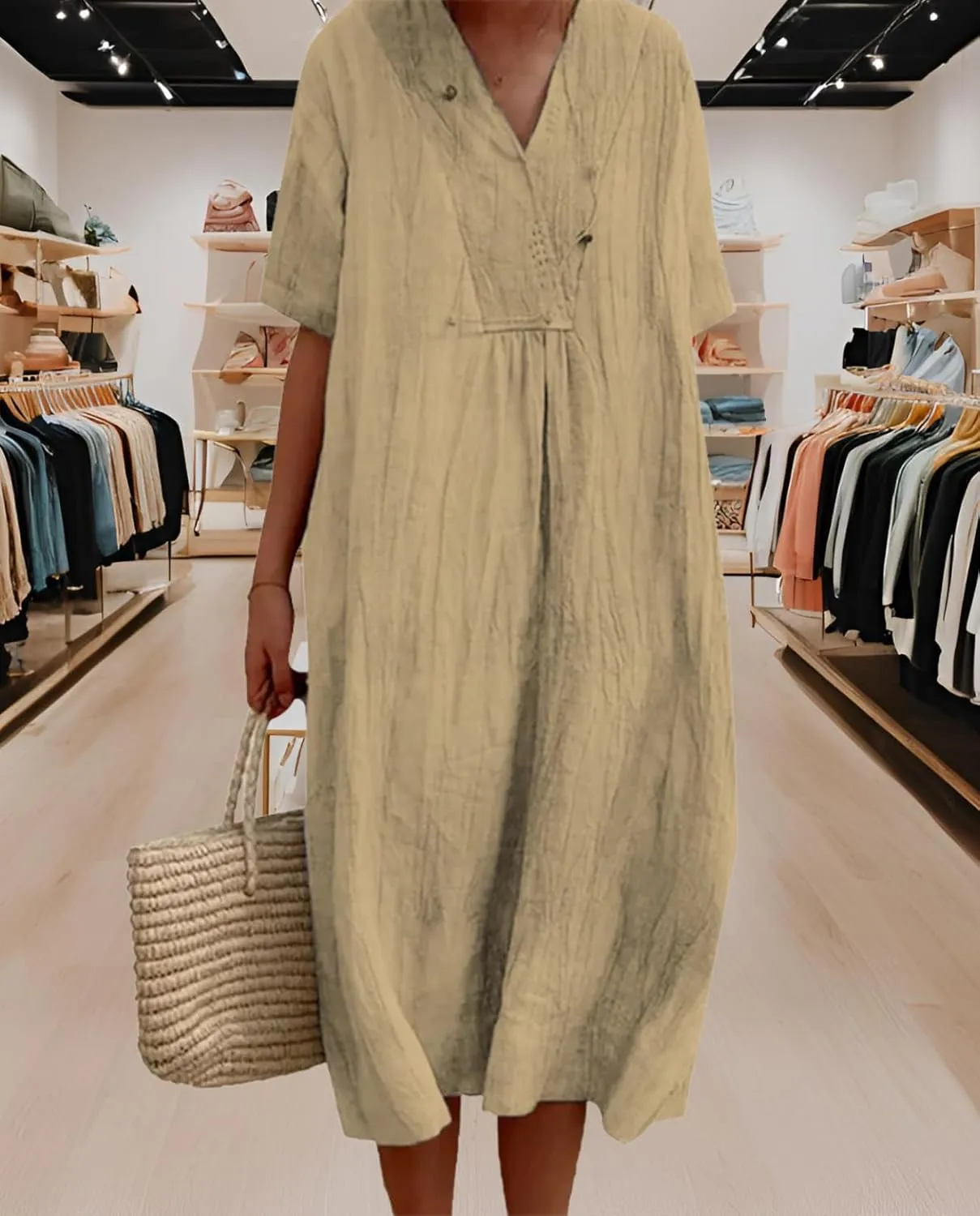 Women's Travel Essential Dress Casual Summer V-Neck Short-Sleeved Loose Medium-Length Cotton Linen Breathable