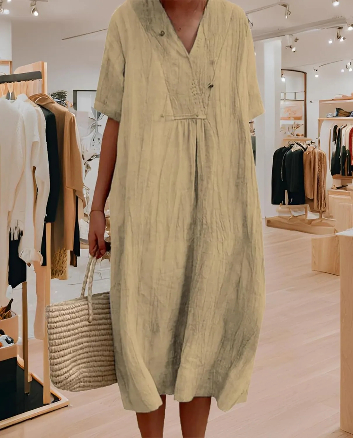 Women's Travel Essential Dress Casual Summer V-Neck Short-Sleeved Loose Medium-Length Cotton Linen Breathable
