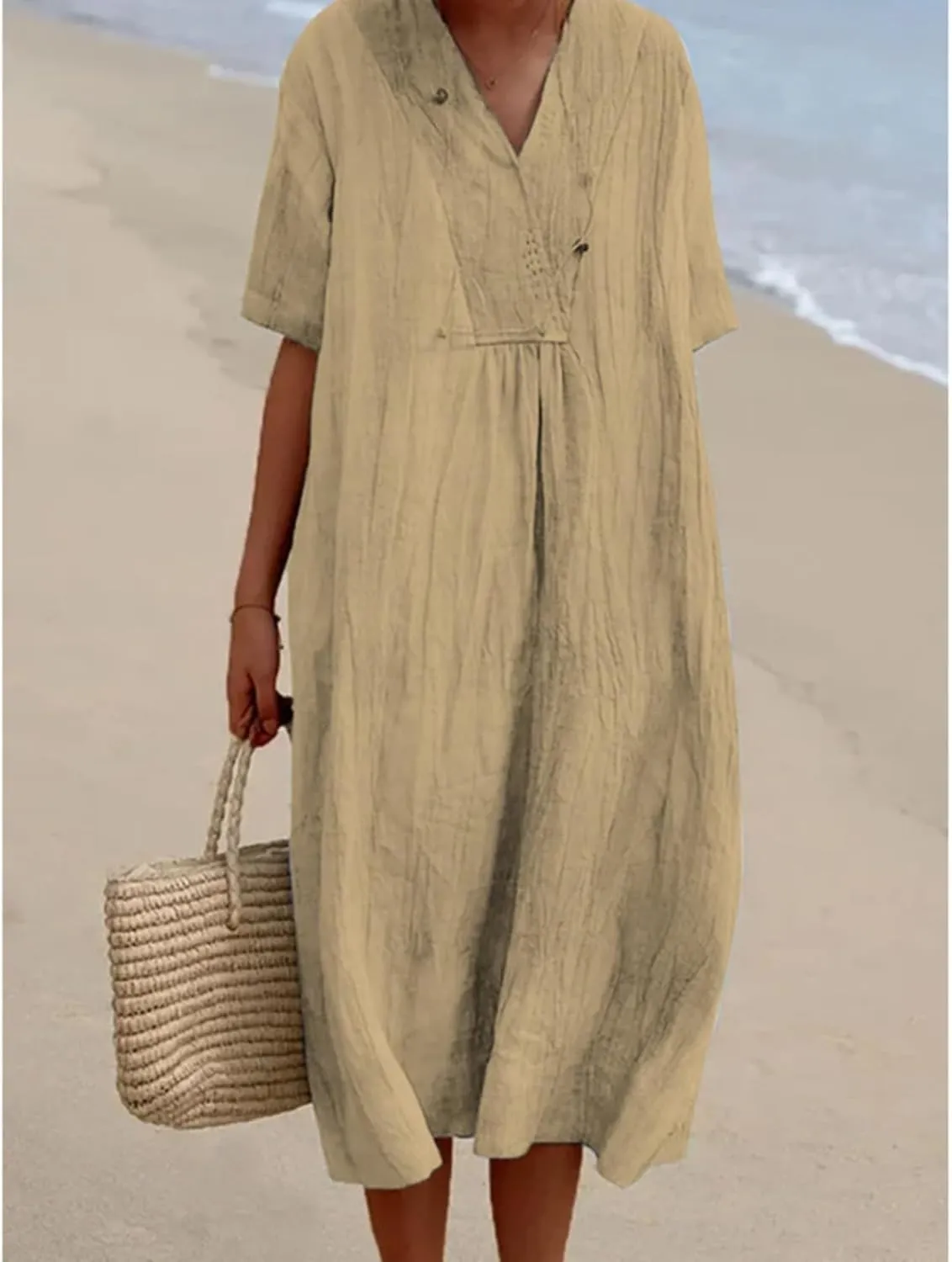 Women's Travel Essential Dress Casual Summer V-Neck Short-Sleeved Loose Medium-Length Cotton Linen Breathable