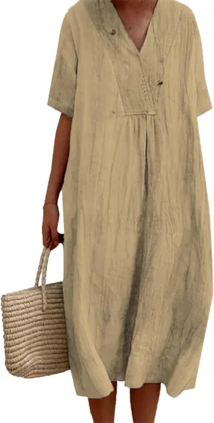 Women's Travel Essential Dress Casual Summer V-Neck Short-Sleeved Loose Medium-Length Cotton Linen Breathable