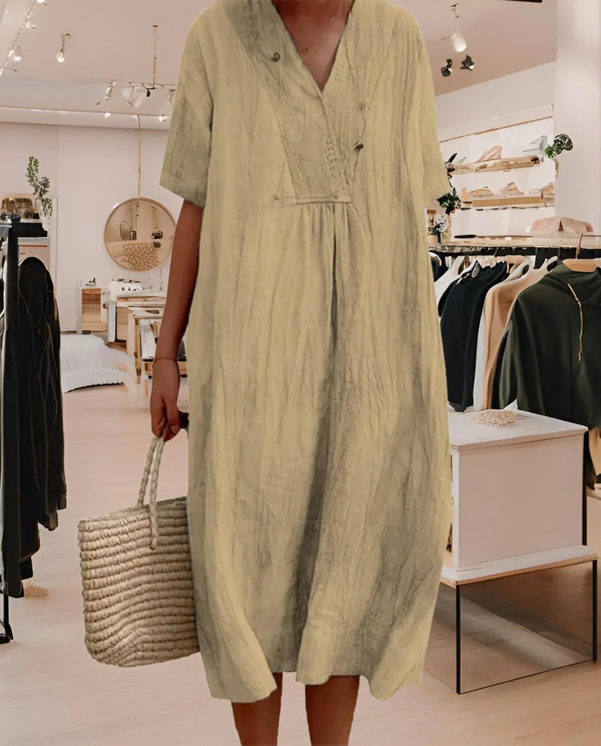 Women's Travel Essential Dress Casual Summer V-Neck Short-Sleeved Loose Medium-Length Cotton Linen Breathable
