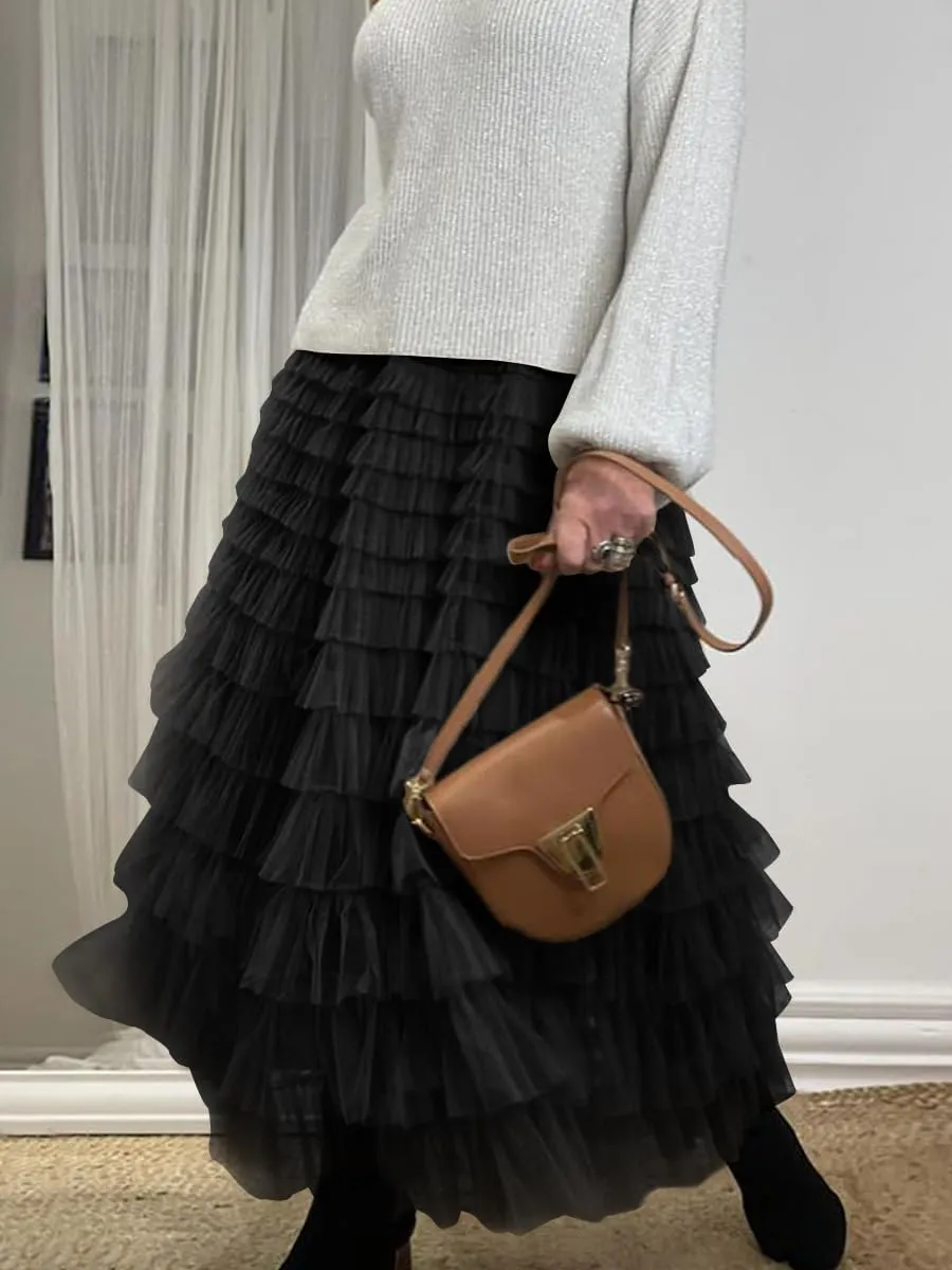 Women's Tulle Skirts Trendy Elastic Waist Layered Mesh Long Skirt A-Line Ruffles Fairy Skirts