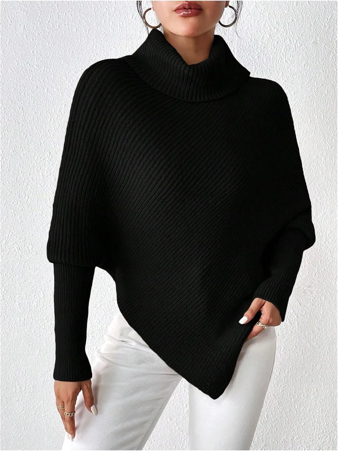 Women's Turtleneck Ribbed Sweaters Dolman Long Sleeve Asymmetrical Hem Knit Pullover Tops Knitwear