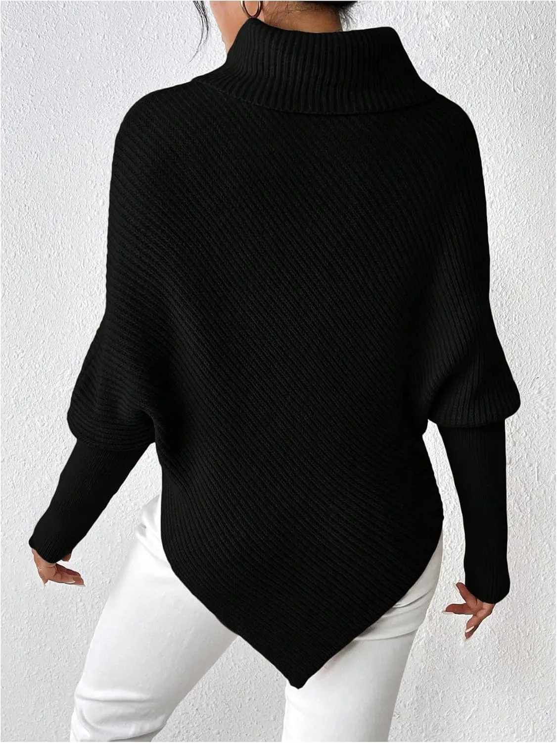 Women's Turtleneck Ribbed Sweaters Dolman Long Sleeve Asymmetrical Hem Knit Pullover Tops Knitwear