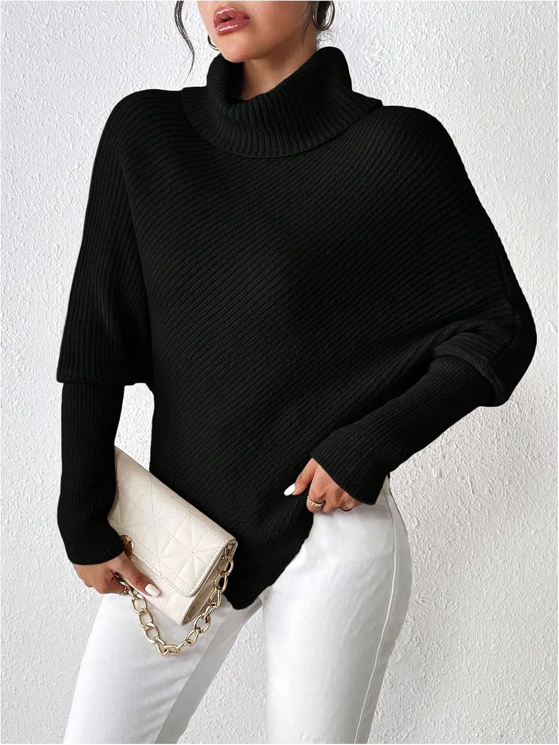 Women's Turtleneck Ribbed Sweaters Dolman Long Sleeve Asymmetrical Hem Knit Pullover Tops Knitwear