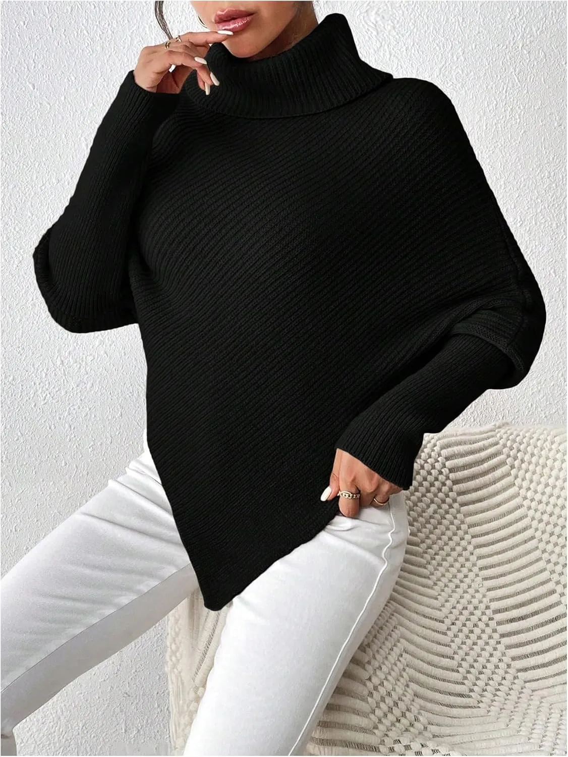 Women's Turtleneck Ribbed Sweaters Dolman Long Sleeve Asymmetrical Hem Knit Pullover Tops Knitwear