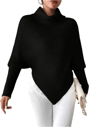 Women's Turtleneck Ribbed Sweaters Dolman Long Sleeve Asymmetrical Hem Knit Pullover Tops Knitwear