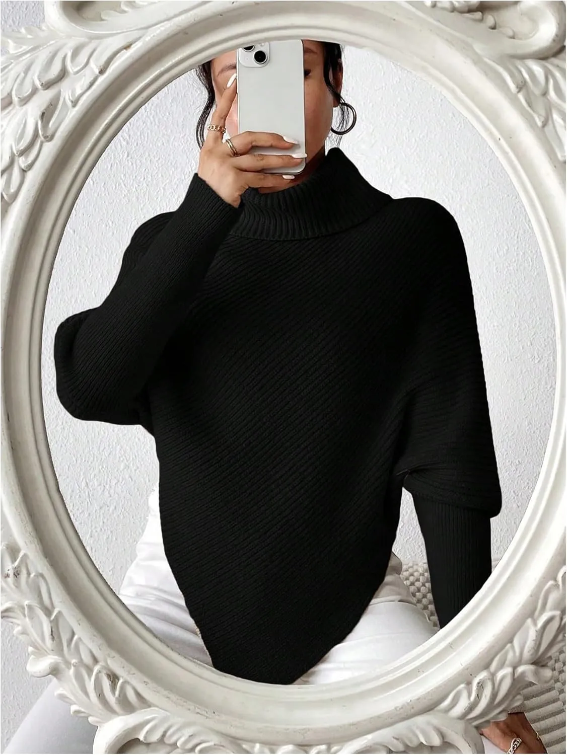 Women's Turtleneck Ribbed Sweaters Dolman Long Sleeve Asymmetrical Hem Knit Pullover Tops Knitwear