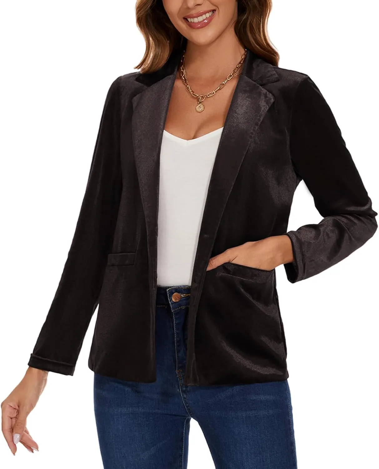 Women's Velvet Suit Blazer Jacket Casual Office Work Long Sleeve Button Pockets Tailored Jacket Coat Blazer