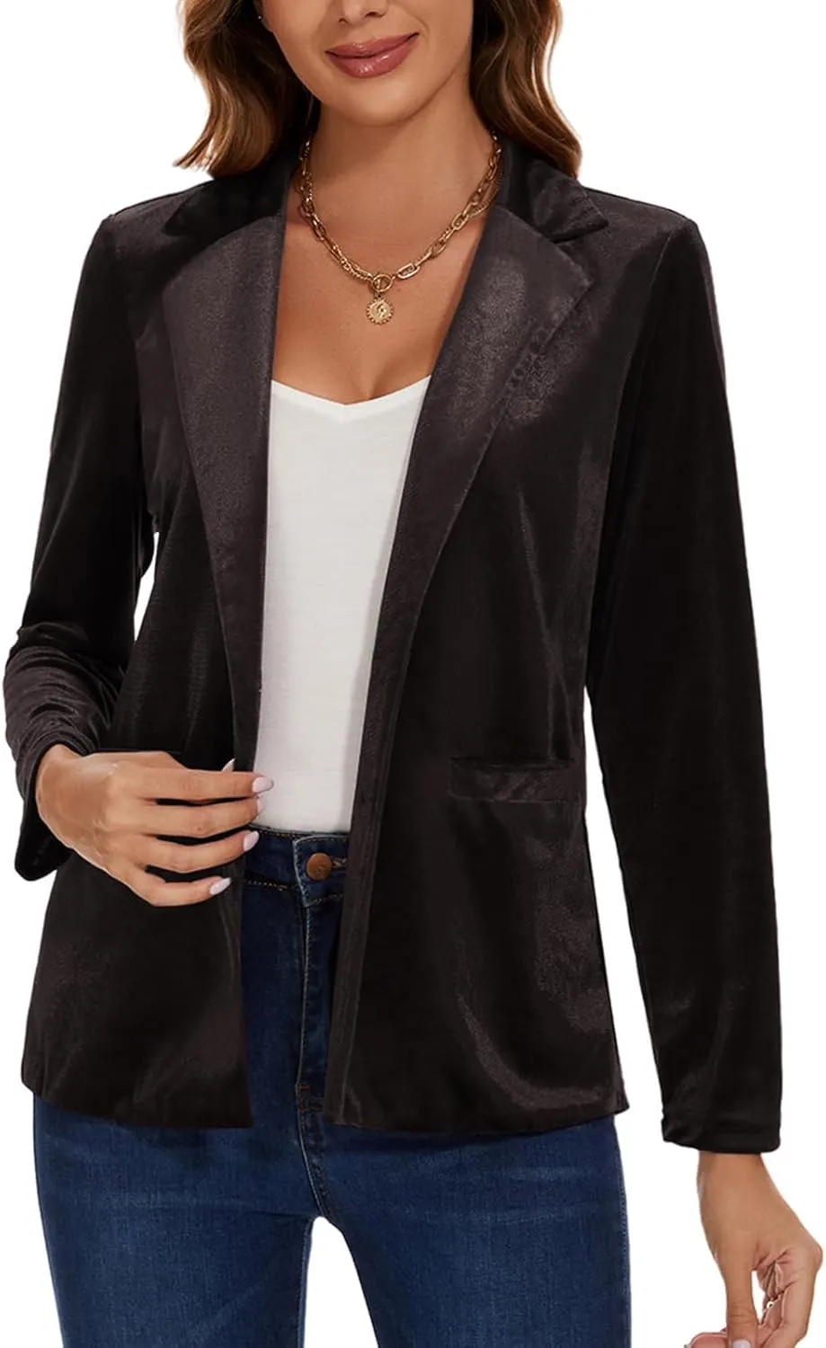 Women's Velvet Suit Blazer Jacket Casual Office Work Long Sleeve Button Pockets Tailored Jacket Coat Blazer