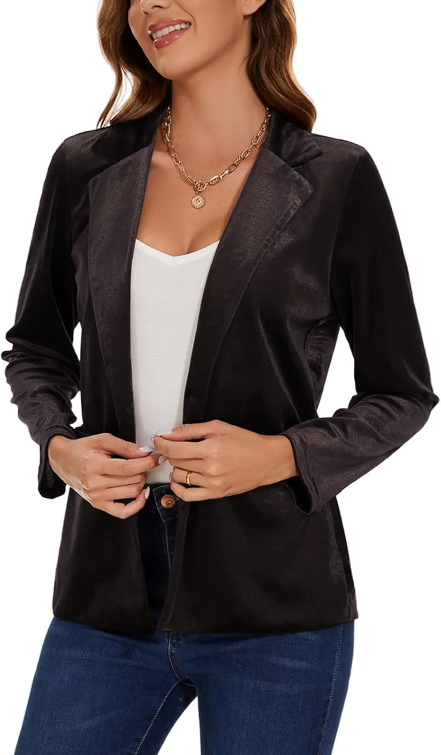 Women's Velvet Suit Blazer Jacket Casual Office Work Long Sleeve Button Pockets Tailored Jacket Coat Blazer
