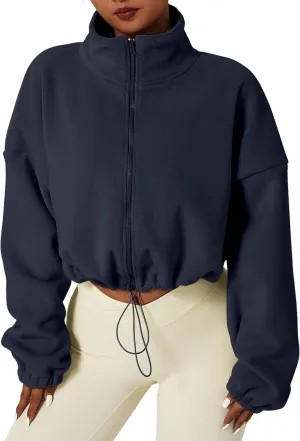 Womens Warm Cropped Fleece Jacket Zip up Long Sleeve Soft Sherpa Short Coat