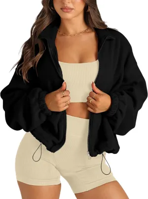 Womens Warm Cropped Fleece Jacket Zip up Long Sleeve Soft Sherpa Short Coat