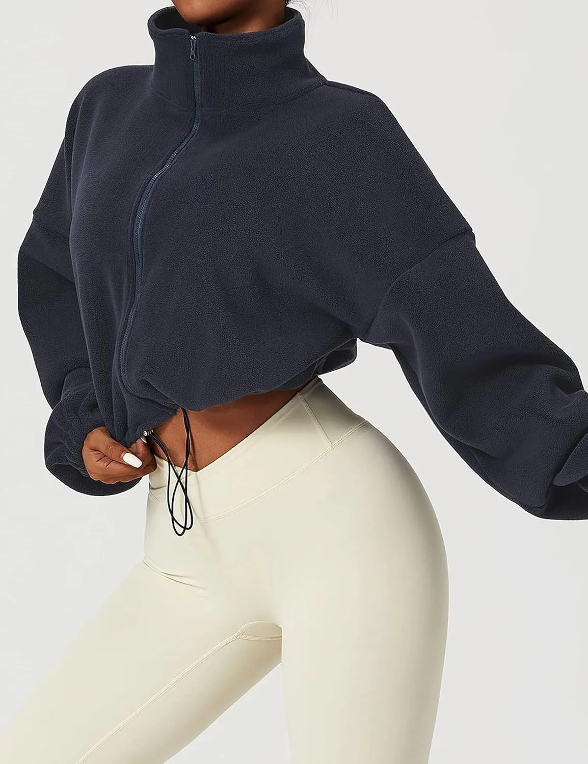 Womens Warm Cropped Fleece Jacket Zip up Long Sleeve Soft Sherpa Short Coat